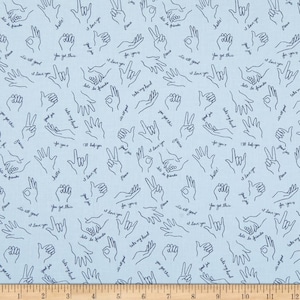 Fat Quarter Helping Hands Sign Language On Blue 100% Cotton Fabric
