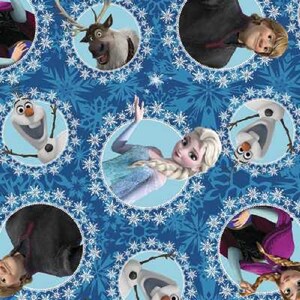 May include: A blue background with a repeating pattern of snowflakes and circles. Inside each circle is a different character from the movie Frozen, including Elsa, Anna, Olaf, Kristoff, and Sven the reindeer.