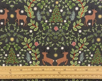Fat Quarter Christmas Noel Deer And Greenery On Black 100% Cotton Quilting Fabric