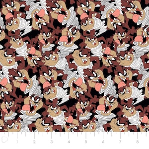 May include: A repeating pattern of Taz the Tasmanian Devil cartoon character faces in a swirling vortex. The background is black and the faces are brown with white accents.