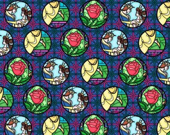 Fat Quarter Disney Beauty and the Beast Circles Glass Cotton Quilting Fabric