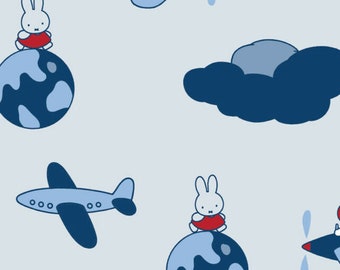 May include: A blue and white pattern featuring a bunny rabbit sitting on a blue globe, a blue airplane flying in the sky, and a blue cloud. The background is light blue.