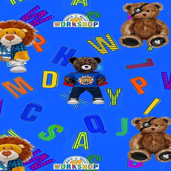 Fat Quarter Build a Bear Workshop Blue Alphabet 100% Cotton Quilting Fabric