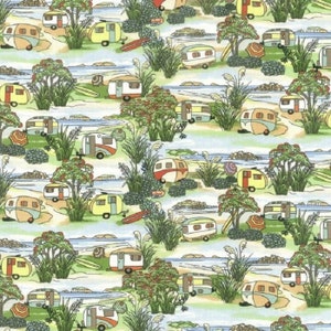 Fat Quarter Retro Caravans Holiday Camping Sewing 100% Cotton Quilting Fabric