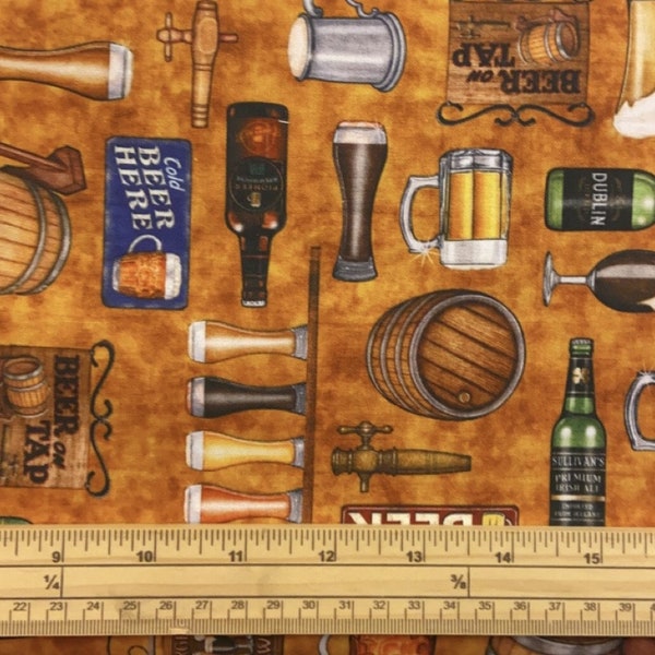 Fat Quarter On Tap Beer And Pub Allover On Brown 100% Cotton Quilting Fabric