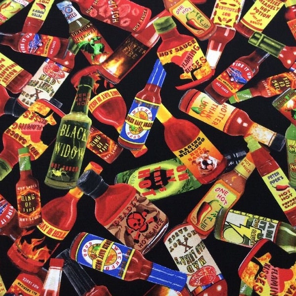 Fat Quarter Some Like It Hot Sauce Bottles Chilli 100% Cotton Quilting Fabric