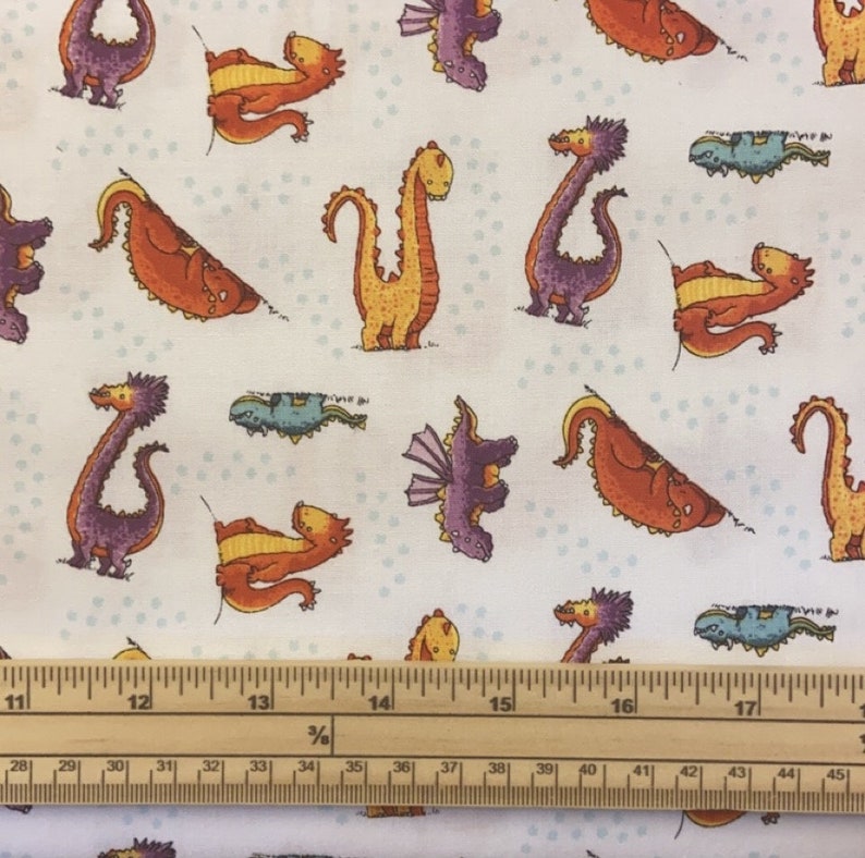 Fat Quarter Dragons Cartoon Dragons Multi Colored White 100% Cotton Quilting Fabric image 1