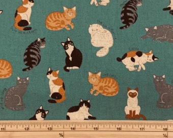 Fat Quarter Shimao Katzen Allover Auf Teal Baumwoll-Leinen-Stoff