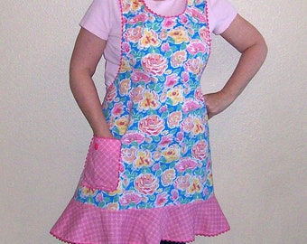 Pink and Blue Floral Retro Apron with Flounce - Retro Kitchen Apron - Woman Full Apron - Size L