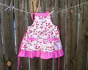 Valentine Apron for Child - Ruffled Apron with Hearts - Child Full Apron - Girl Size Large fits 7-8 Best - Pink and White Heart Apron