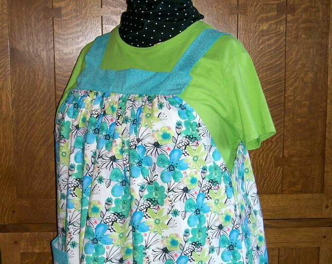 Floral Smock Apron No Tie Smock in Aqua and Blue Floral Plus Size Smock