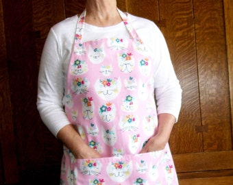 Pink Kitty Apron - Butcher Style Canvas Apron with Cats - Crazy Cat Lady Apron - Fits Sizes M-3XL