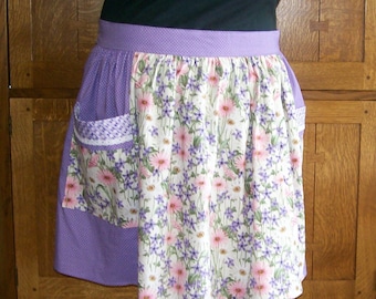 Floral Plus Size Pink and Purple Half Apron with Pockets - Plus Size Waist Apron - Flowers and Dots Panel Half Apron