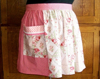 Pink Patchwork Plus Size Half Apron - Pink Calico Waist Apron with Pockets - Plus Size