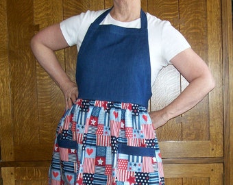 Red, White and Blue Patriotic Apron - 4th of July Apron - Denim Apron - Kitchen Gift - Small Apron Fits 10-12 - Kitchen Accessory