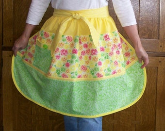 Citrus Patchwork Half Apron - Retro Banded Waist Apron - Kitchen Half Apron - One Size Fits Most