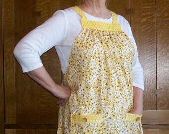 Yellow Floral Calico Smock - No Tie Smock Apron - One Size Fits S-M-L - Smock with Pockets