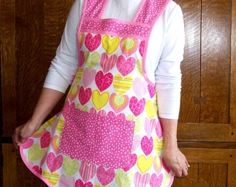 Retro Kitchen Apron - Pink Heart Womans Apron - Valentine Apron with Hearts - Size L