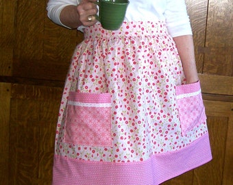 Pink Calico Kitchen Apron - Retro Style Half Apron with Pockets - Pink Waist Apron - One Size