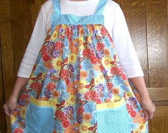 Floral Smock Apron - Plus Size No Tie Kitchen Smock - Orange/Yellow/Blue Floral - Fits Sizes XL-2XL  Best