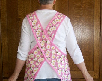 Daisy Crossover Apron - Pink and White Floral Criss Cross Apron - Kitchen Crossback Apron in Pink and White Daisy Print - Size S/M