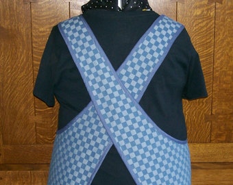 Checkerboard Denim Crossback Apron - Plus Size Criss Cross Blue Denim Apron with Pockets - Fits Sizes 2-3XL