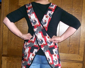 Red Rooster Apron - Crossback Style Kitchen Apron - Chicken Criss Cross Apron - Chicken and Stars Crossover Apron - Size S/M