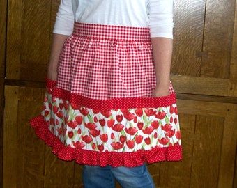 Ruffled Half Apron with Red Tulips - Four Pocket Waist Apron in Red - One Size Fits Most