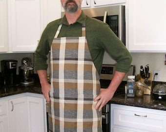 Plaid Man Apron - Butcher Apron in Tan and Gray Plaid - Fits M to 2XL