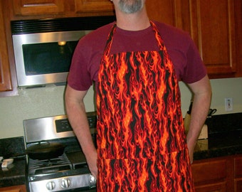 Hot Stuff Man Apron - Grill King Butcher Apron with Flames - Fire Up the Grill Man Apron - Fits M to 2XLT