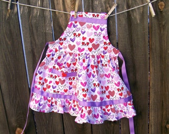 Heart Apron - Girls Ruffled Retro Heart Apron with Purple Trim - Size 5 to 6