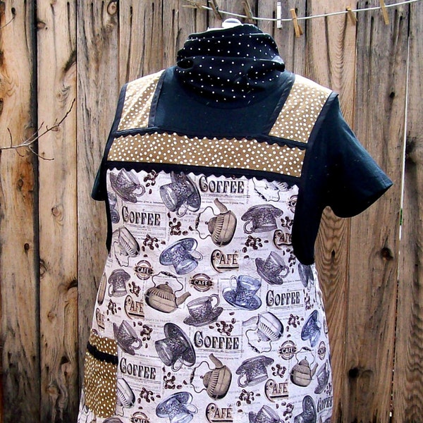 Plus Size Coffee Print Apron - Retro Style Plus Size Apron - Black and Brown Apron Plus Size