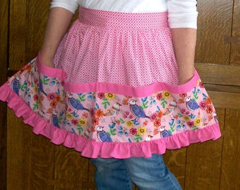 Ruffled Half Apron with 4 Pockets - Pink Calico and Bird Print Waist Apron - One Size Fits Most