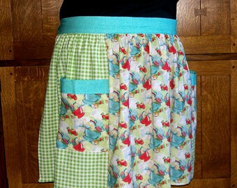 Retro Kitchen Waist Apron With Pockets: Green Gingham and Food
