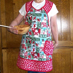 Retro Christmas Apron: Holiday Snowman Block Print, Size L