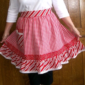 Mrs Claus Waist Apron - Christmas Apron with Ruffles and Pocket- Red and White Holiday Half Apron - One Size Fits Most