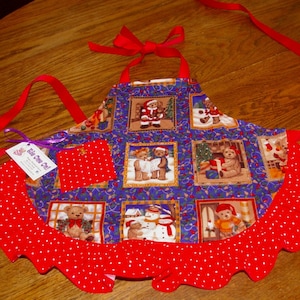 Teddy Bear Apron-Christmas Ruffled Apron-Red and Blue - Child Size 6