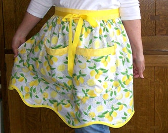 Lemon Scalloped Half Apron - Retro Kitchen Apron - Yellow - Waist Apron One Size Fits Most