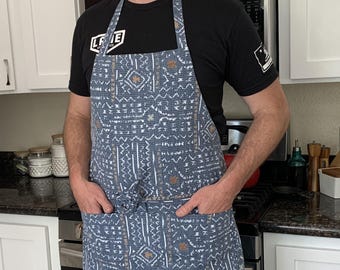 Delantal de lona de algodón azul: Delantal de cocina unisex con bolsillos y presilla para toalla