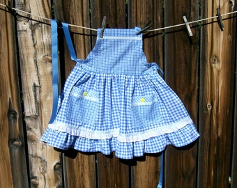 Blue Check Retro Child Apron - Ruffled Full Girl Apron - Size 7 to 8