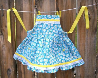 Daisy Apron - Little Girl Ruffles and Lace Daisy Apron - Yellow and Aqua - Size 3 to 4