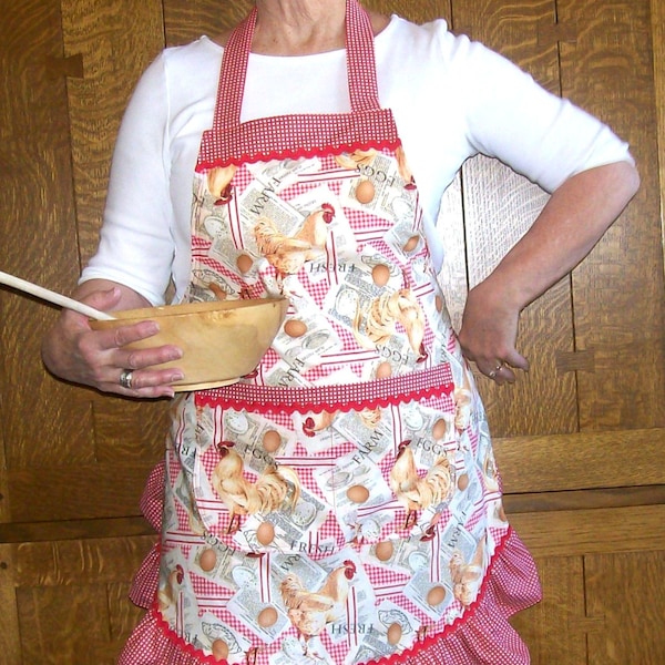 Ruffled Retro Kitchen Apron: Chicken Print, Size Small fits 8-10