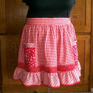 Mrs Claus Waist Apron - Christmas Apron with Ruffles and Pockets - Plus Size Holiday Apron fits Average and Plus Sizes