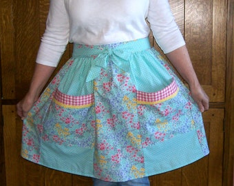 Aqua Floral Retro Half Apron - Panel Patchwork Waist Apron - Apron with Pockets - One Size