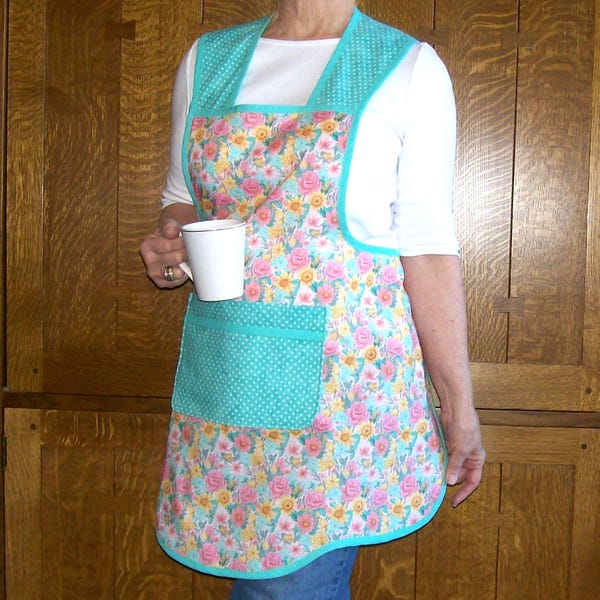 Retro-Küchenschürze mit Tasche: Pastellblumenmuster, Größe L (passend für 10-12)