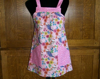 Pink Birds and Flowers Smock Apron - Girls Pink Apron Smock - Child Size Large No Tie Smock - Fits 10-12