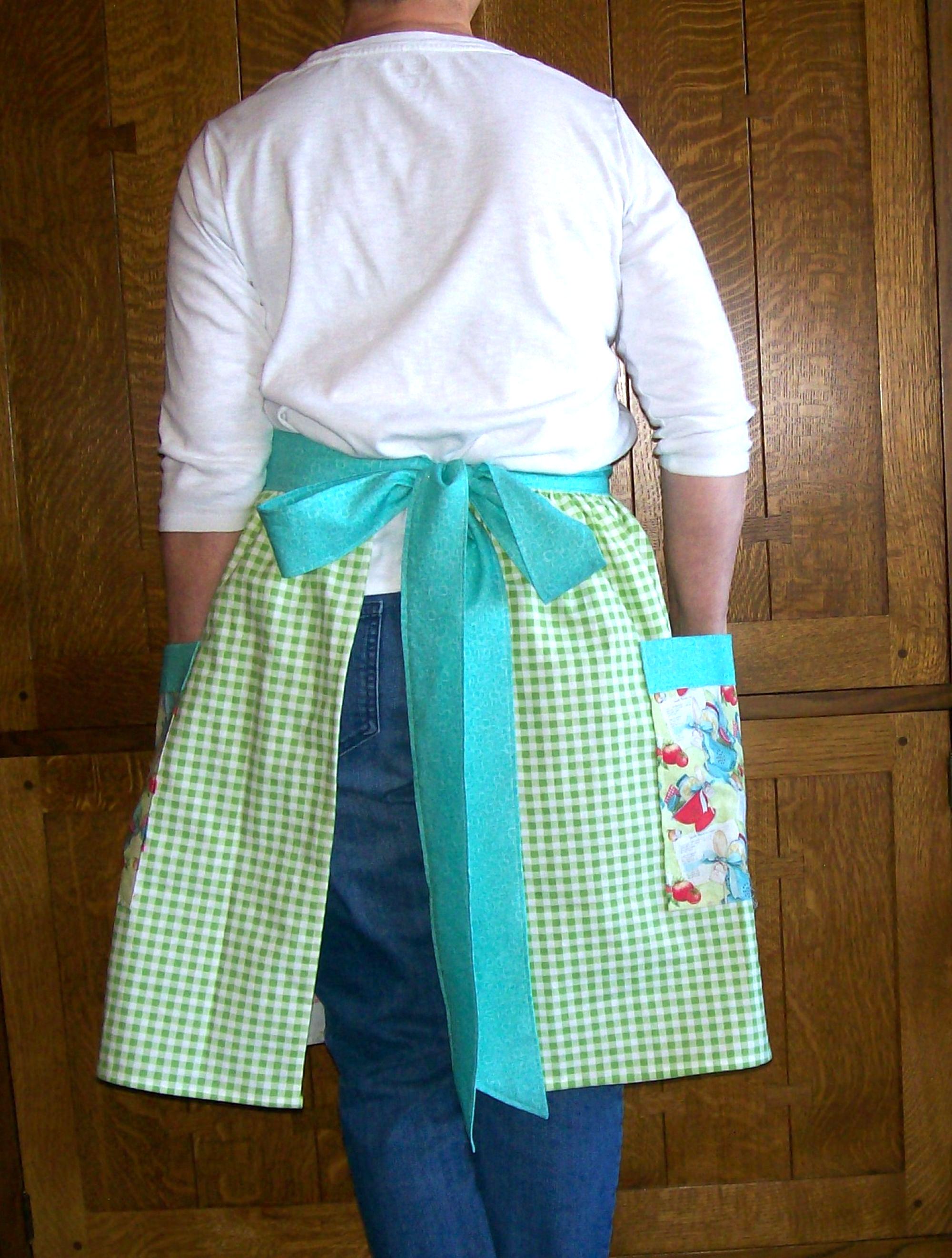 【vintage】50s green cotton apron Retro Kitchen Waist Apron With Pockets: Green Gingham and Food