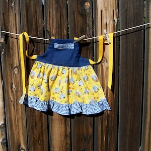 Denim Child Apron: Honey Bee Gnome Ruffle, Size 5-6