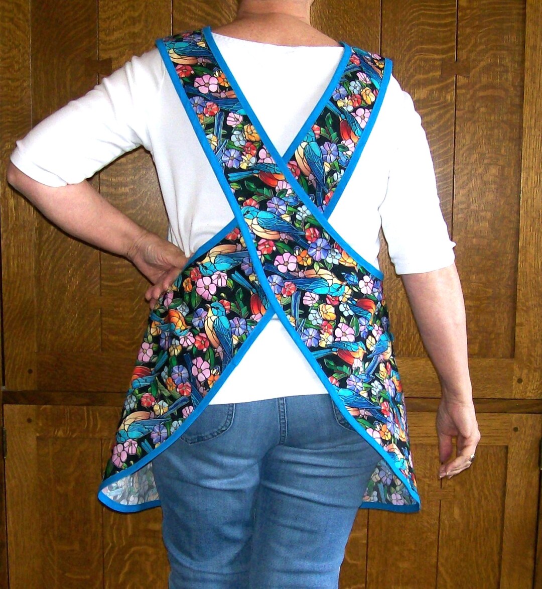 Cotton Criss Cross Apron With Pockets: Multi Color Bird Print With Blue ...