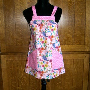 Pink Birds and Flowers Smock Apron - Girls Pink Apron Smock - Child Size Large No Tie Smock - Fits 10-12